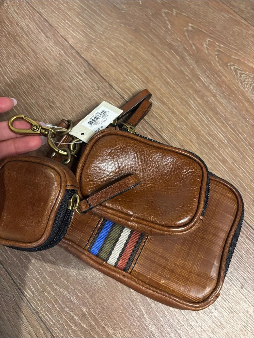 Fossil Brown Leather triple pouch set Organizer with Striped Accent
